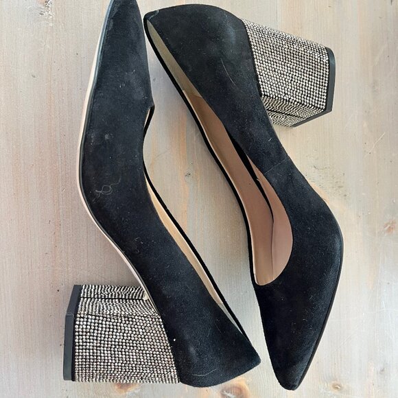 Karl Largerfeld Black Suede Rhinestone Block Heel Pumps - Picture 5 of 8